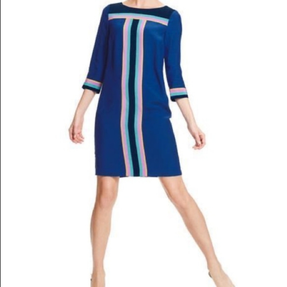 Boden Montrose Colorblock Striped Shift Dress Blue Long Sleeve Lined Office Sz 4